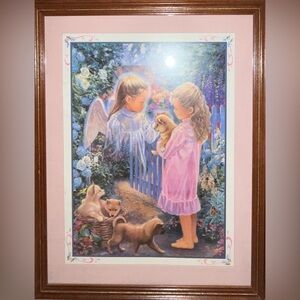 Home Interiors Vintage Guardian Angel & Girl W/ Puppies Framed Picture 19x22”